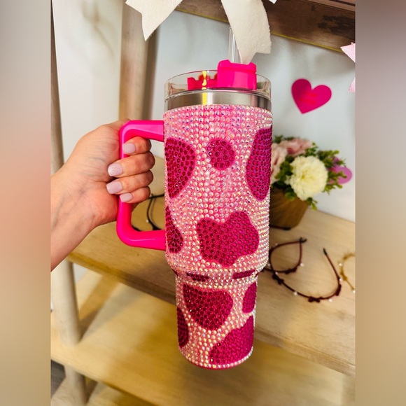 Qween of Sparkles Other - 🚨 LAST ONE Pink Cow Print Rhinestone Tumbler with Handle and Straw
